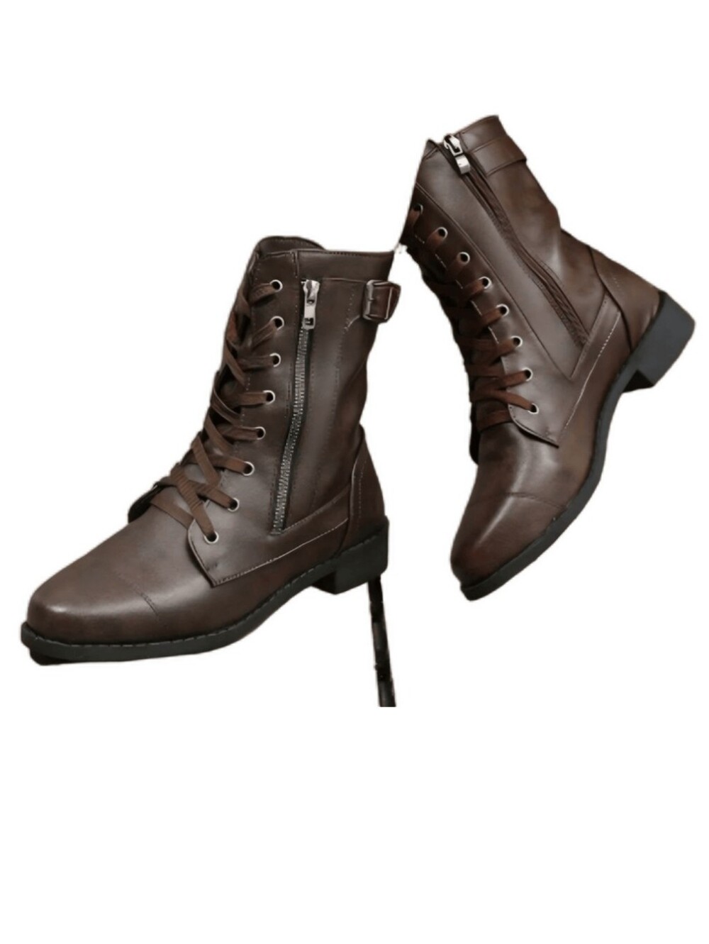 SHEIN Women's Brown Lace-Up Side-Zip Combat Boots